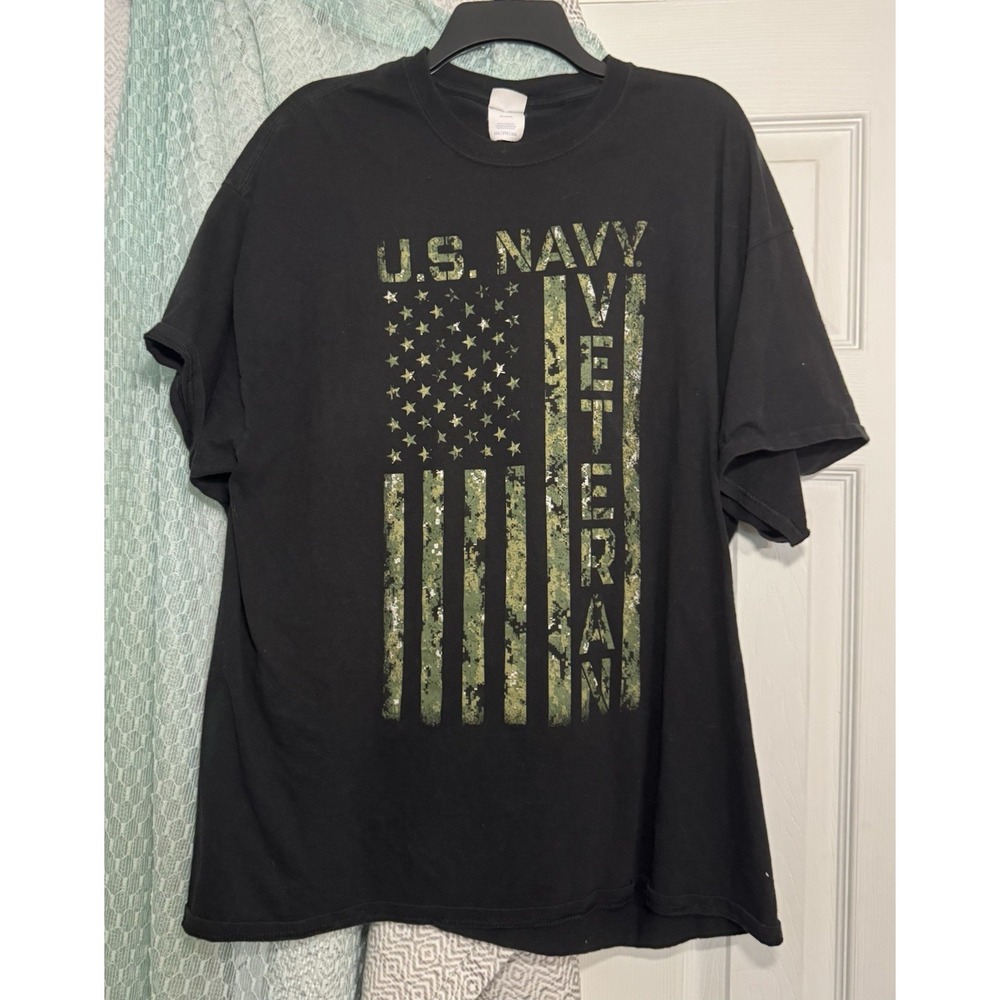 Port & Company Black US Navy Veteran T Shirt Camo Lettering 100% Cotton 2XL